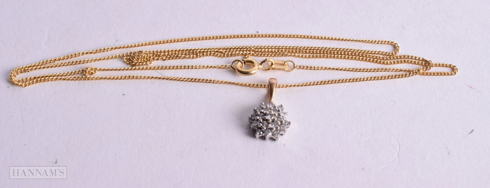 9ct gold diamond cluster pendant and chain (2.2g). 44 cm long. (1 of 3)