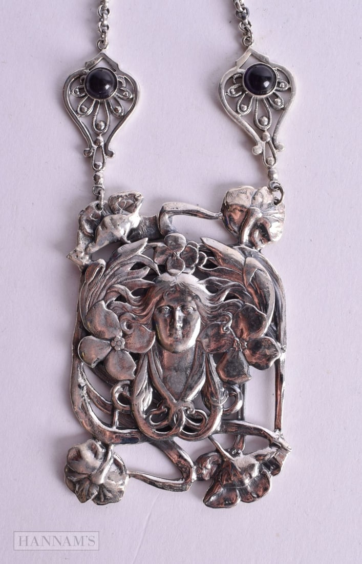 A SILVER ART NOUVEAU PENDANT NECKLACE.  Stamped Sterling.  Pendant 6.4cm x 4.4cm, Chain 45cm long, w (1 of 3)