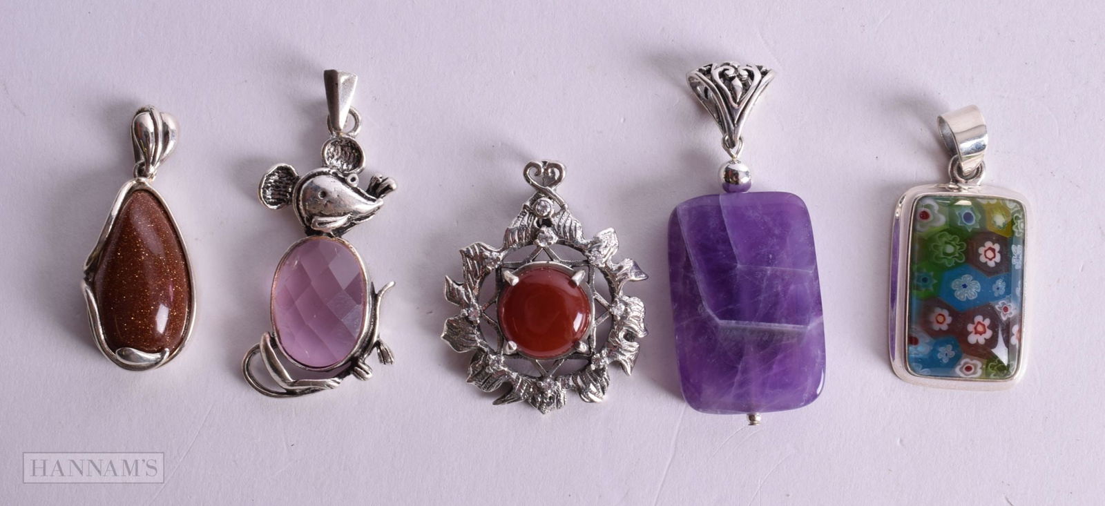 FIVE SILVER MOUNTED PENDANTS.  Stamped 925, Largest 3.5cm x 2.9cm, total weight 42.5g (1 of 4)