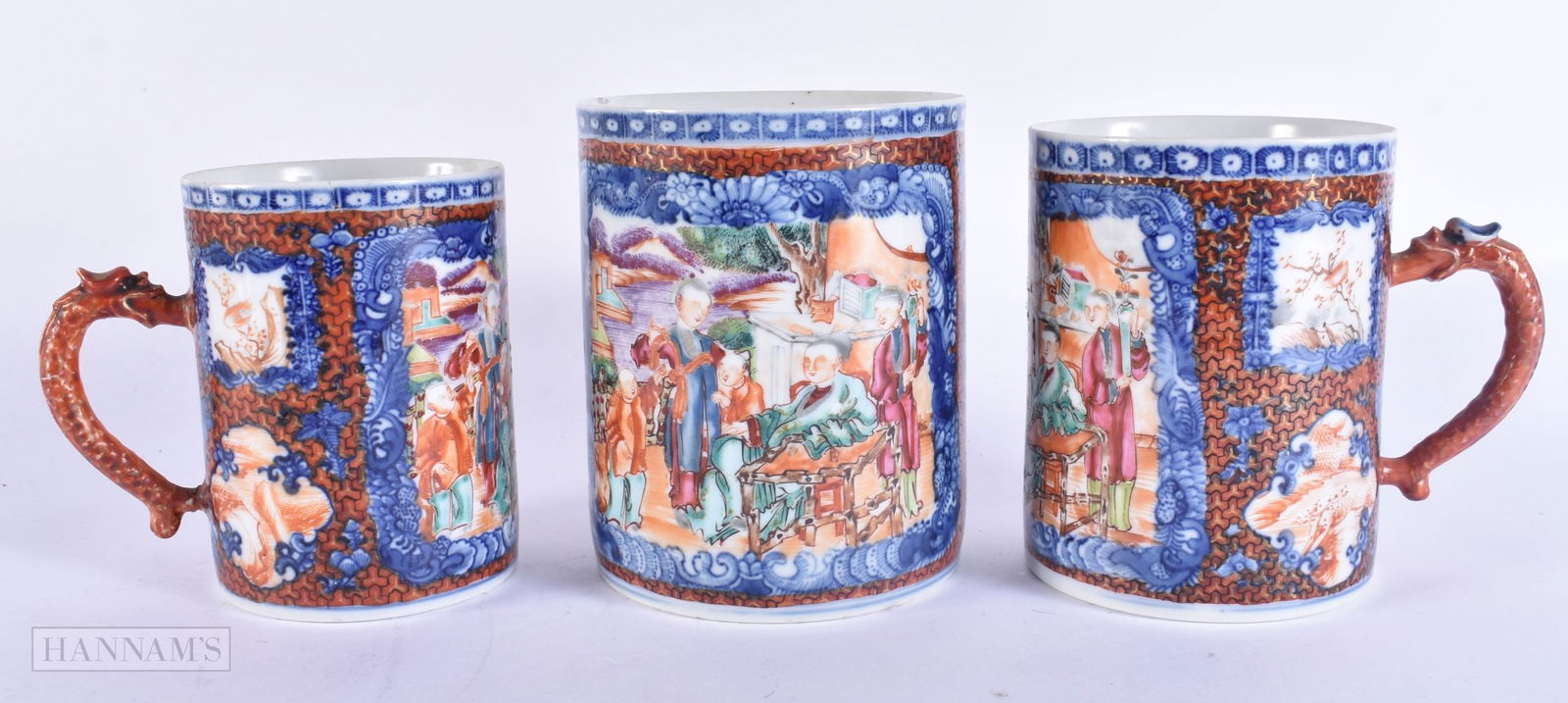 A GRADUATED SET OF 18TH CENTURY CHINESE EXPORT MANDARIN TANKARDS Qianlong. Largest 14 cm x 12 cm. (3