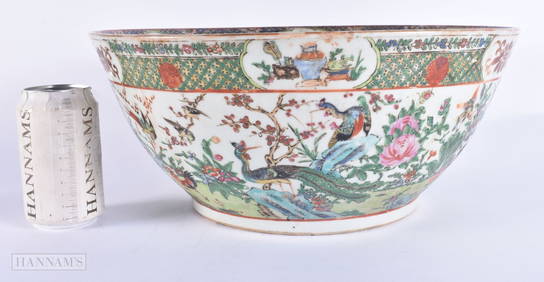 A LARGE 19TH CENTURY CHINESE FAMILLE ROSE PORCELAIN PUNCH BOWL Qing, painted with birds and flowers. (1 of 5)