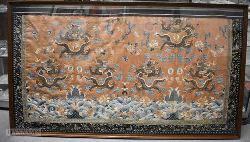 A LARGE 19TH CENTURY CHINESE FRAMED AND EMBROIDERED SILK DRAGON PANEL Qing. 136 cm x 78 cm. (1 of 9)