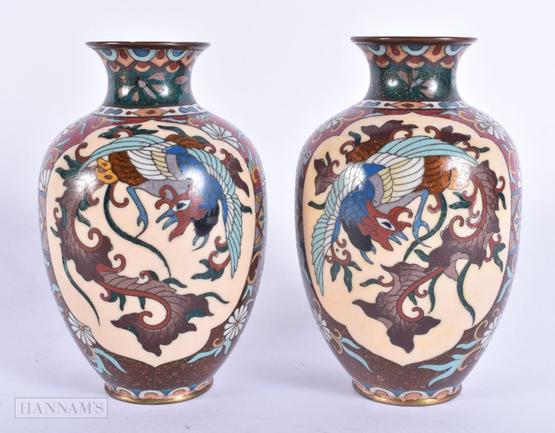 A PAIR OF LATE 19TH CENTURY JAPANESE MEIJI PERIOD CLOISONNE ENAMEL VASES decorated with birds and fl (1 of 6)