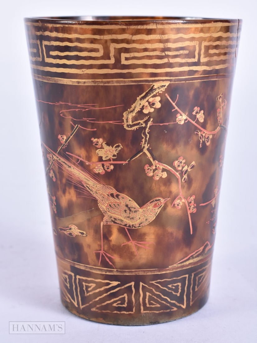 A 19TH CENTURY JAPANESE MEIJI PERIOD GOLD LACQUER HORN BEAKER painted with birds in landscapes. 10 c (1 of 6)