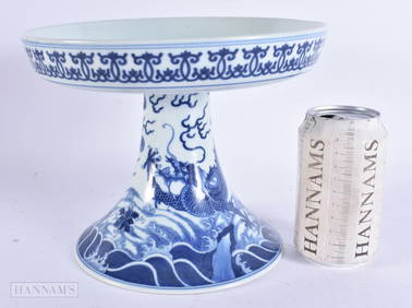 A FINE CHINESE QING DYNASTY BLUE AND WHITE PORCELAIN DRAGON TAZZA Qianlong mark and probably of the (1 of 12)