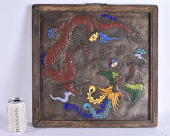 AN UNUSUAL LARGE 19TH CENTURY CHINESE ENAMELLED COPPER PANEL depicting a dragon opposing a phoenix b (1 of 3)