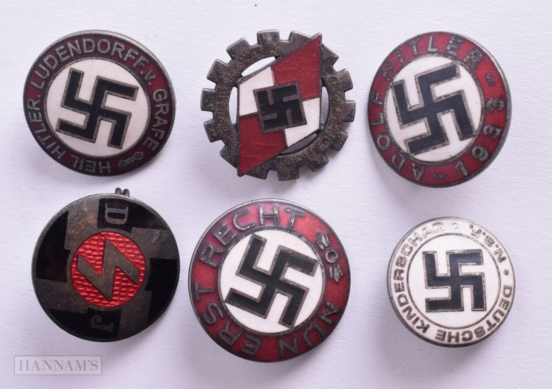 SIX GERMAN ENAMEL BADGES.  Largest 2.3cm diameter, total weight 24.5g (6) (1 of 2)
