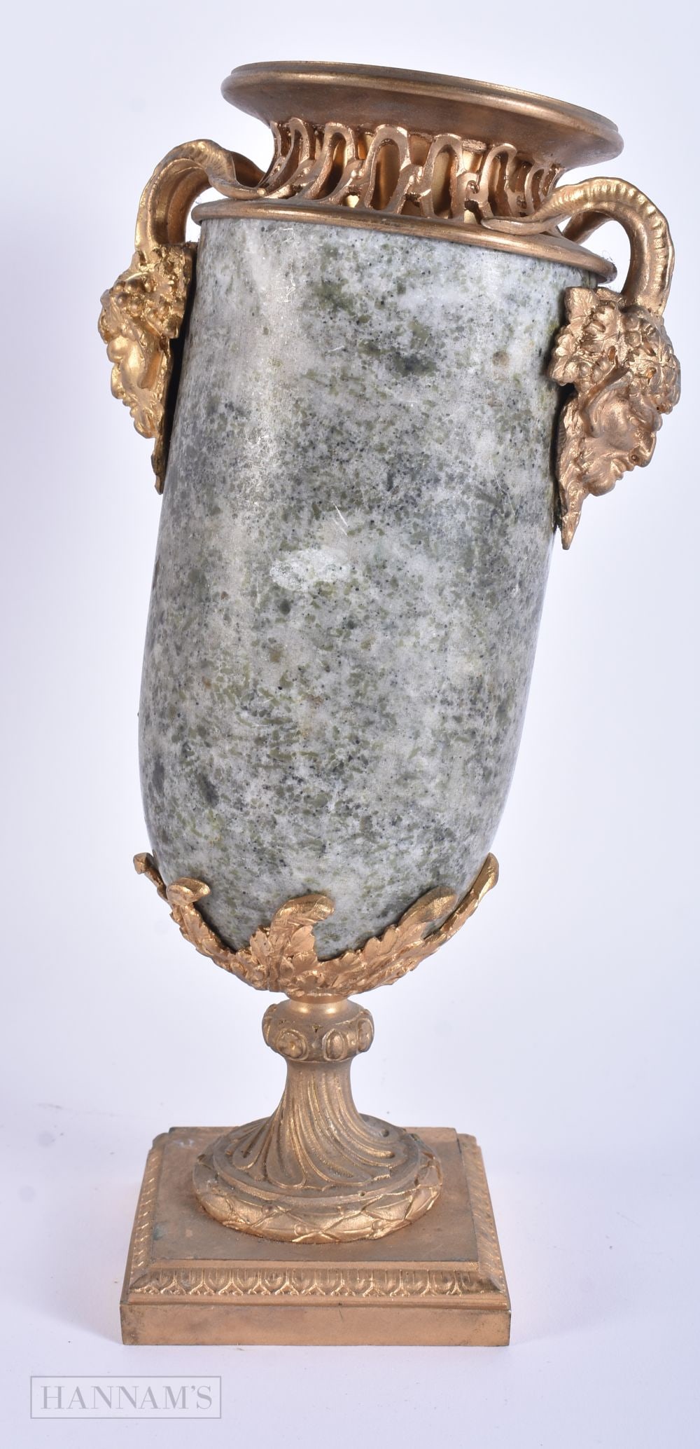 A 19TH CENTURY FRENCH GILT BRONZE AND MARBLE URN decorated with mask heads. 24.5 cm high. (1 of 4)