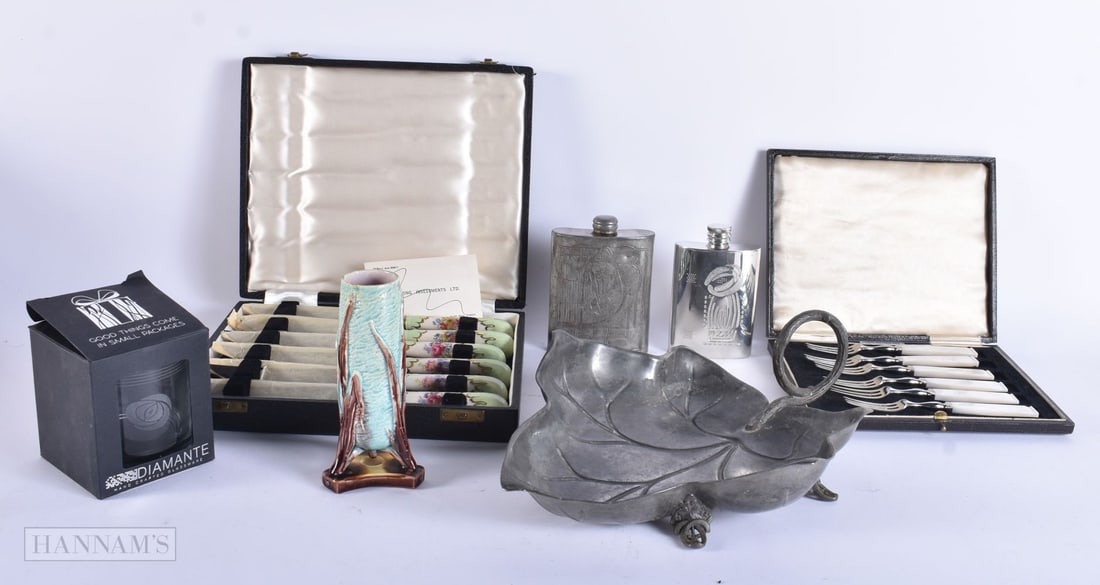 CHARLES RENNIE MACKINTOSH HIP FLASKS together with a Wedgwood majolica vase etc. (qty): CHARLES RENNIE MACKINTOSH HIP FLASKS together with a Wedgwood majolica vase etc. (qty)