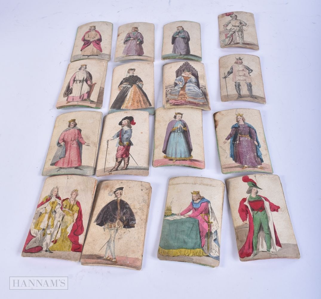 A RARE COLLECTION OF ANTIQUE PLAYING GAMING CARDS depicting various monarchs and other characters. 9 (1 of 3)