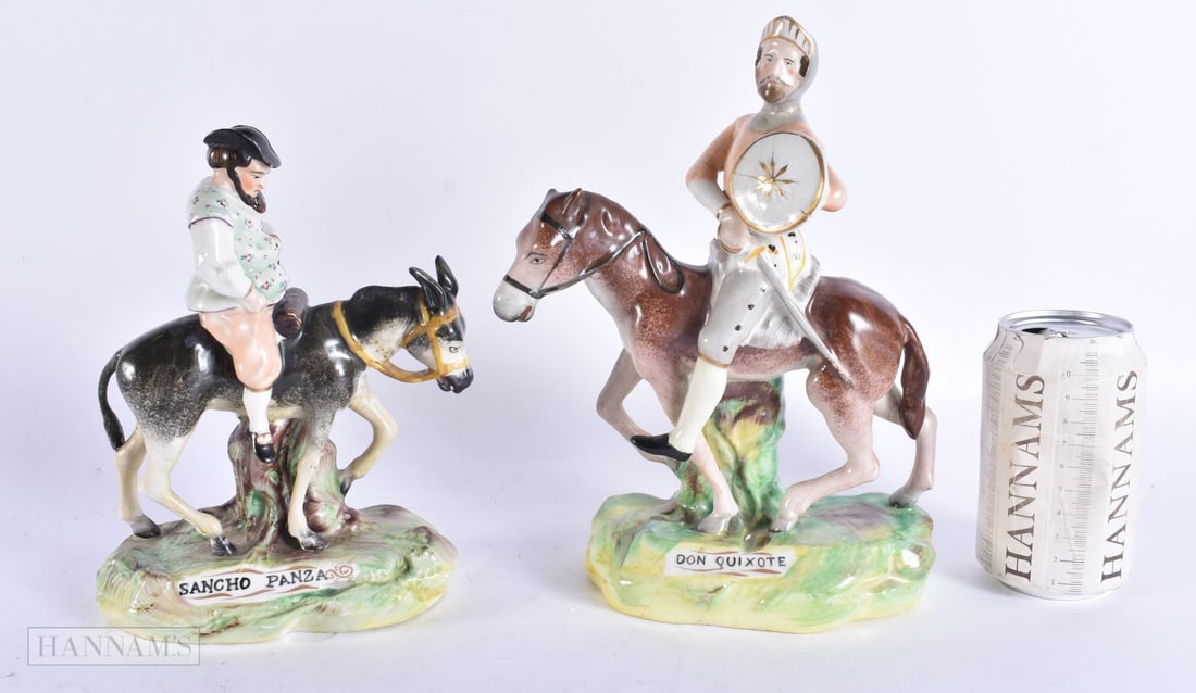 AN UNUSUAL PAIR OF 19TH CENTURY STAFFORDSHIRE FIGURES modelled as Sancho Panza & Don Quixote. Larges: AN UNUSUAL PAIR OF 19TH CENTURY STAFFORDSHIRE FIGURES modelled as Sancho Panza & Don Quixote. Largest 24 cm x 18 cm.