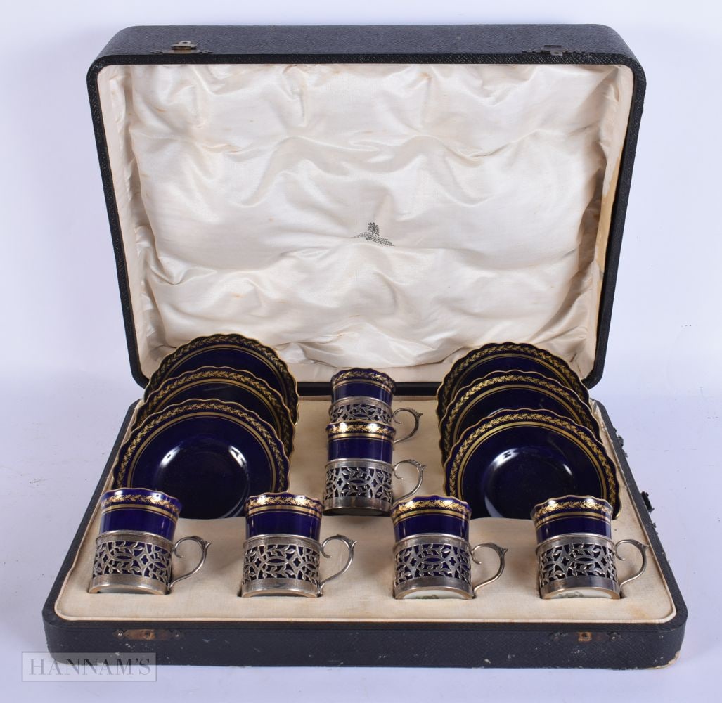 A CASED SET OF SILVER MOUNTED AYNSLEY COFFEE CUPS AND SAUCERS. (12) (1 of 4)