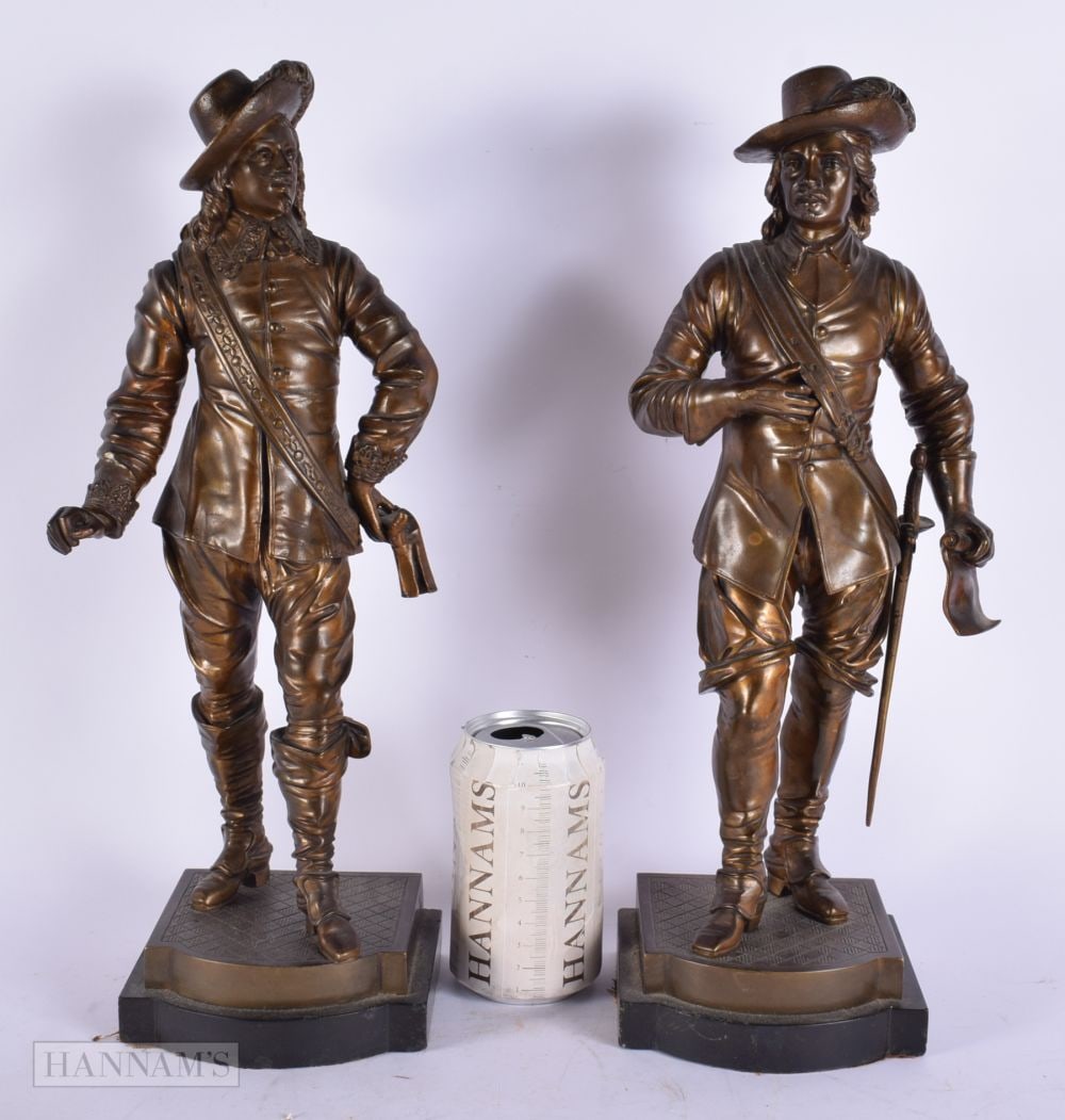 A PAIR OF ANTIQUE FRENCH BRONZE FIGURES OF MALES. 39 cm high.: A PAIR OF ANTIQUE FRENCH BRONZE FIGURES OF MALES. 39 cm high.