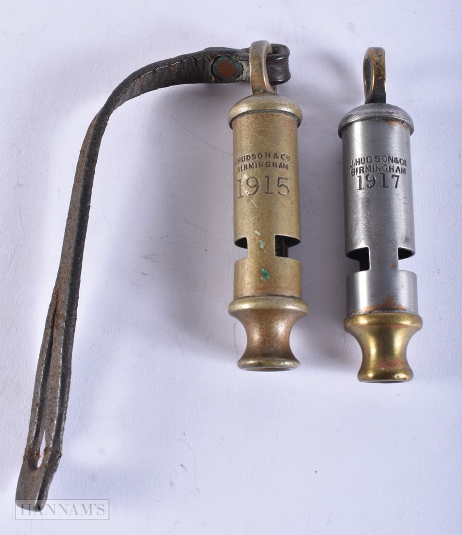 TWO J HUDSON AND CO WHISTLES DATED 1915 AND 1917. Each 8cm long: TWO J HUDSON AND CO WHISTLES DATED 1915 AND 1917. Each 8cm long