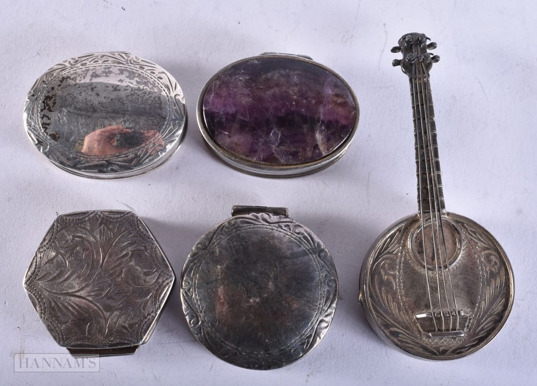 5 x .925 sterling silver pill / trinket boxes 76g. (5): 5 x .925 sterling silver pill / trinket boxes 76g. (5)