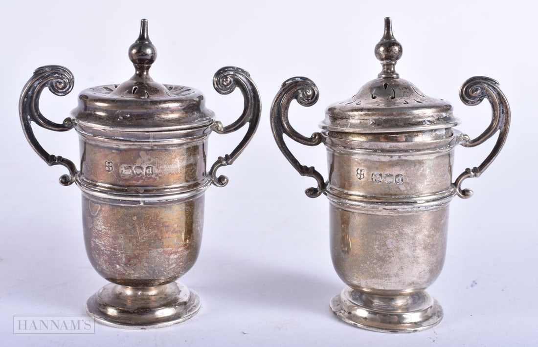 Pair of Antique .925 Sterling Silver Twin Handled Trophy Cellars 131g. 9 cm high. (1 of 6)