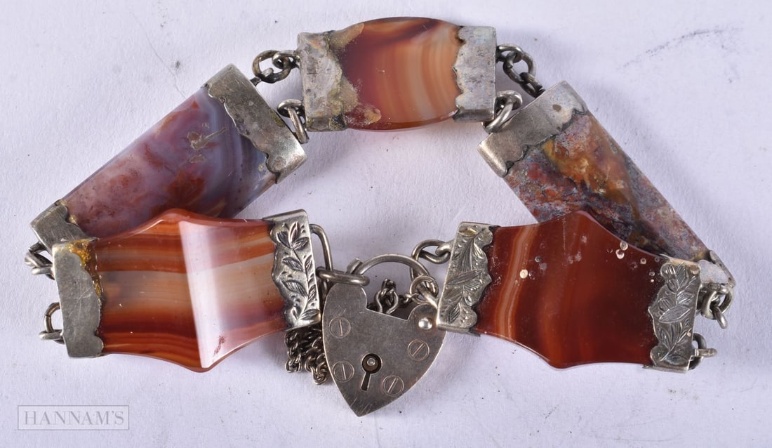 Antique Sterling Silver Banded Agate Bracelet 27g. 16 cm long. (1 of 4)
