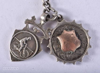 Antique Sterling Silver Edwardian Double Albert Chain w/ Fobs, T-Bar 51g. 35 cm long.: Antique Sterling Silver Edwardian Double Albert Chain w/ Fobs, T-Bar 51g. 35 cm long.