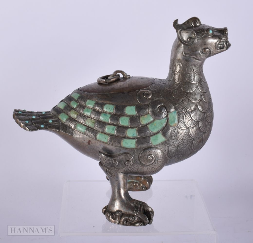 AN UNUSUAL CHINESE SILVERED BRONZE TURQUOISE INSET BEAST CENSER AND COVER. 20 cm x 20 cm. (1 of 5)