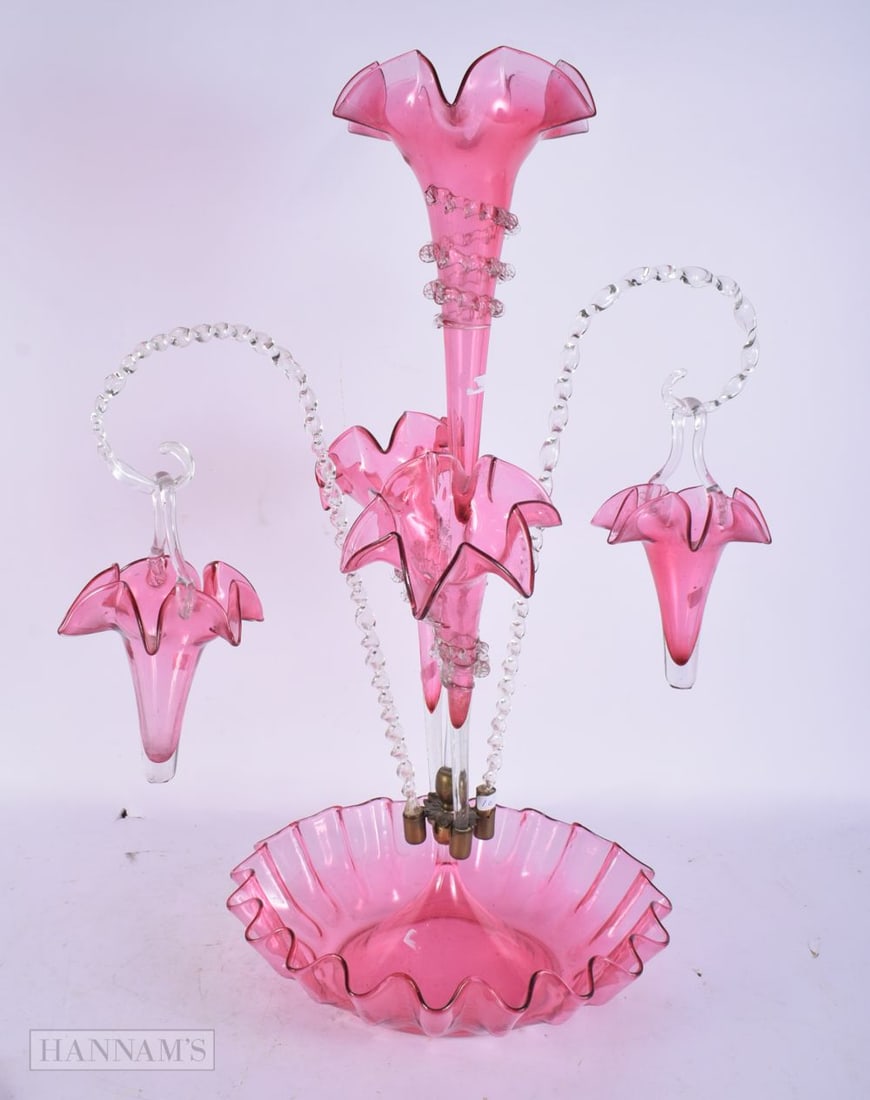 A VICTORIAN CRANBERRY GLASS EPERGNE. 48 cm high. (1 of 4)