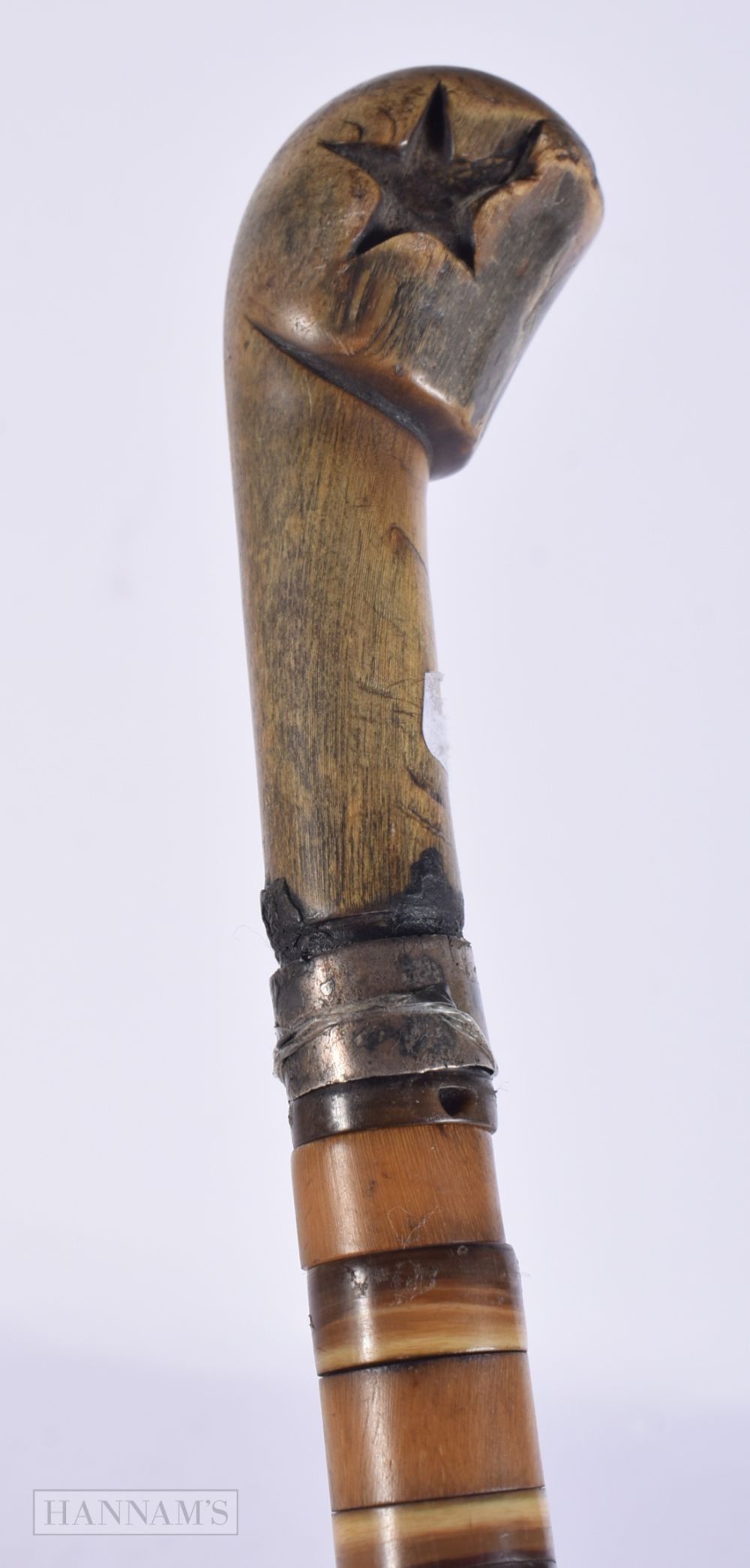 A 19TH CENTURY CARVED RHINOCEROS HORN HANDLED CANE with sectional horn cane. 90 cm long. (1 of 5)