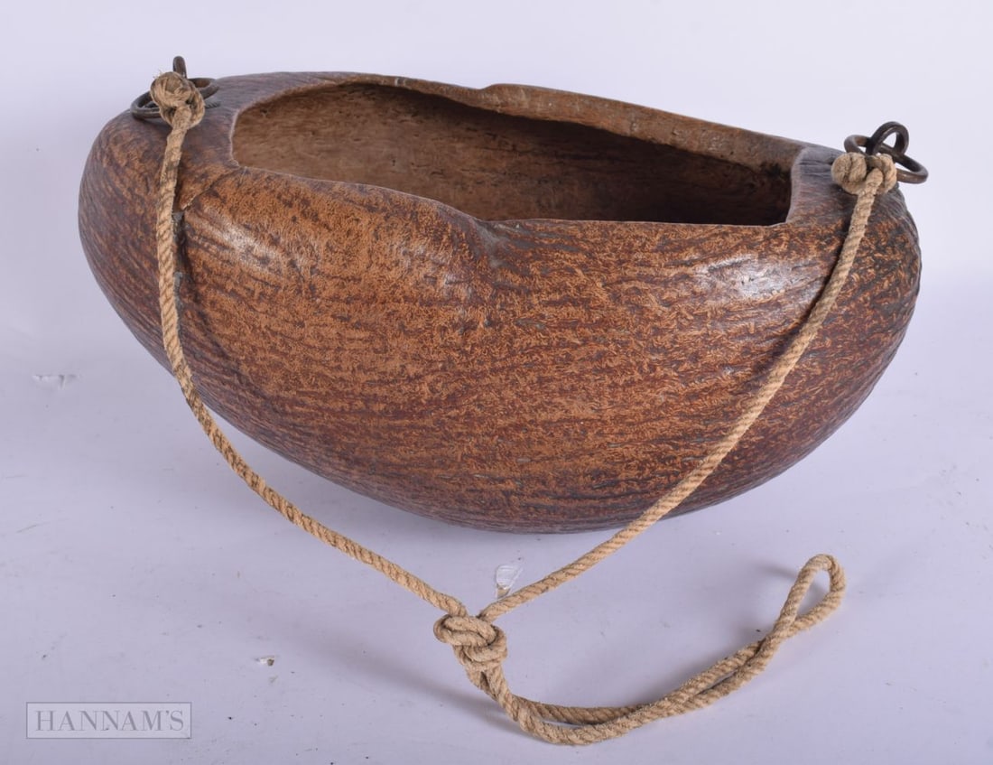 AN 18TH/19TH CENTURY CONTINENTAL CARVED NUT DERVISH KASHKUL with attached rope. 30 cm x 16 cm exclud (1 of 3)
