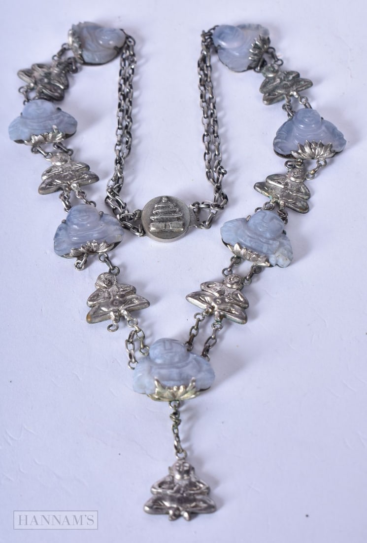 A Chinese silver and lavender Jade Buddha necklace. 42cm total length, wgt 29.3g (1 of 3)