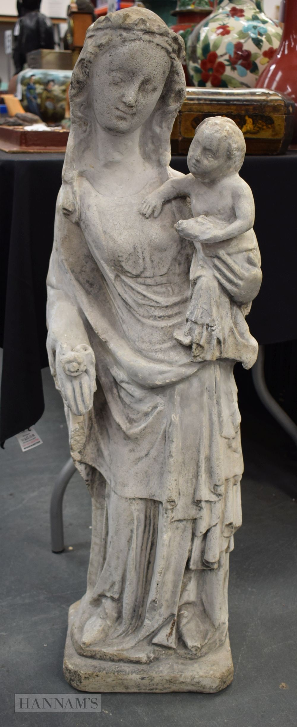 A LARGE ANTIQUE CARVED STONE MADONNA. 96 cm x 26 cm. (1 of 5)