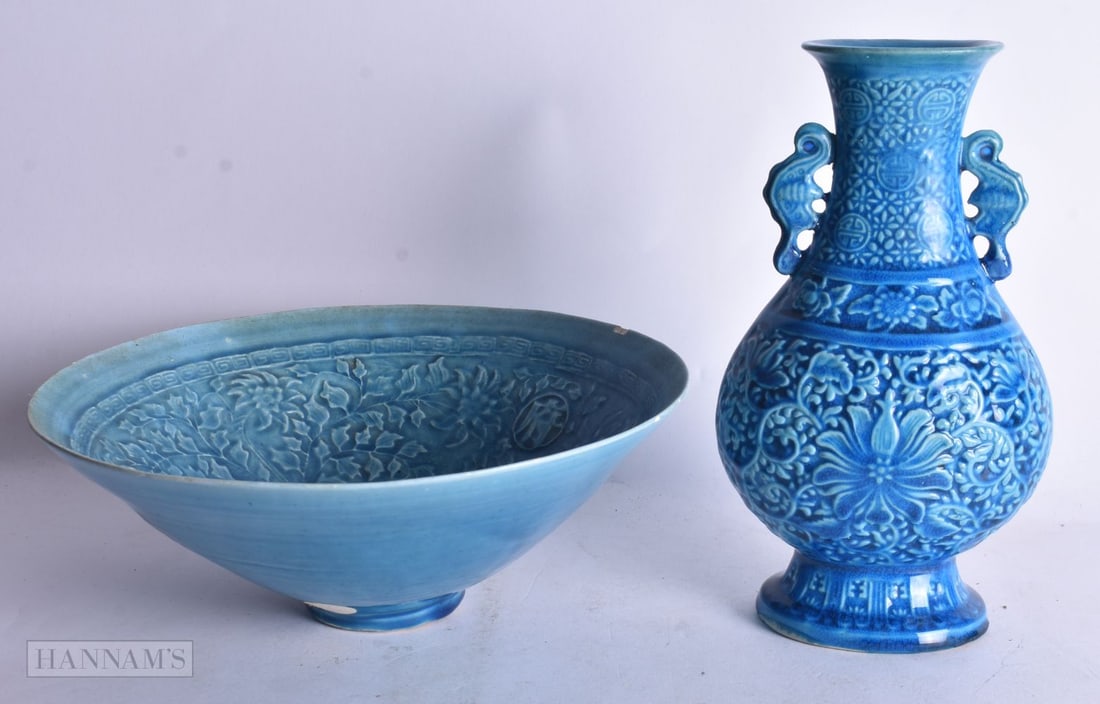 A LARGE 19TH CENTURY CHINESE TURQUOISE GLAZED CONICAL FORM BOWL Qing, together with a similar vase. (1 of 8)