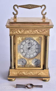 A FINE 19TH CENTURY GILT ENGRAVED BRONZE CARRIAGE CLOCK with triple silvered dials, the case and fac: A FINE 19TH CENTURY GILT ENGRAVED BRONZE CARRIAGE CLOCK with triple silvered dials, the case and faceplate embellished with foliage and vines. 17 cm high inc handle.