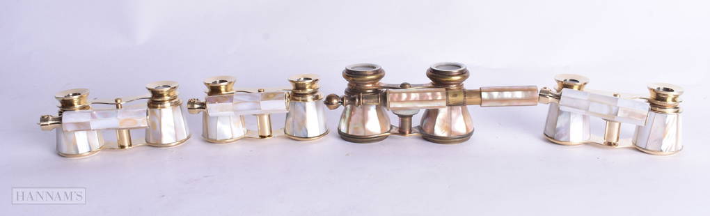 FOUR PAIRS OF MOTHER OF PEARL OPERA GLASSES. Largest 18 cm wide. (4): FOUR PAIRS OF MOTHER OF PEARL OPERA GLASSES. Largest 18 cm wide. (4)