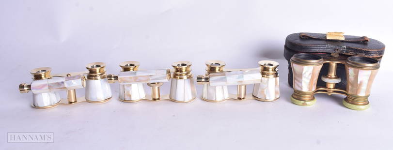 FOUR PAIRS OF MOTHER OF PEARL OPERA GLASSES. Largest 18 cm wide. (4): FOUR PAIRS OF MOTHER OF PEARL OPERA GLASSES. Largest 18 cm wide. (4)