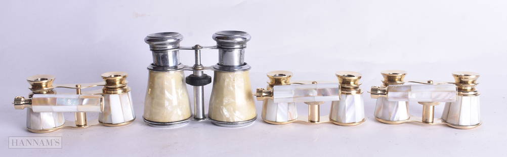 FOUR PAIRS OF MOTHER OF PEARL OPERA GLASSES. Largest 18 cm wide. (4): FOUR PAIRS OF MOTHER OF PEARL OPERA GLASSES. Largest 18 cm wide. (4)