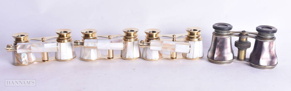FOUR PAIRS OF MOTHER OF PEARL OPERA GLASSES. Largest 18 cm wide. (4): FOUR PAIRS OF MOTHER OF PEARL OPERA GLASSES. Largest 18 cm wide. (4)