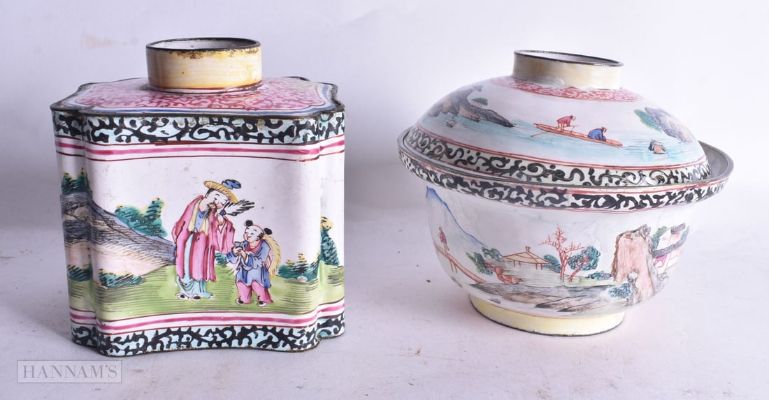 AN 18TH CENTURY CHINESE CANTON ENAMEL BOWL AND COVER Qianlong, together with a Qianlong enamel caddy (1 of 11)