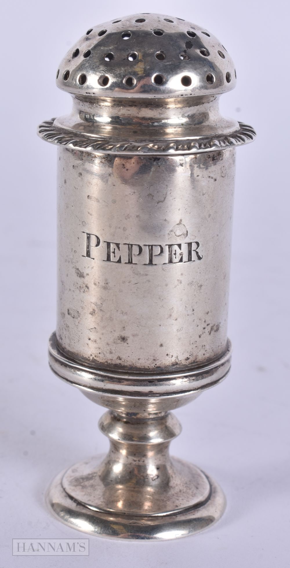 AN 18TH CENTURY ARMORIAL SILVER PEPPER POT. 91 grams. 9.75 cm high. (1 of 4)
