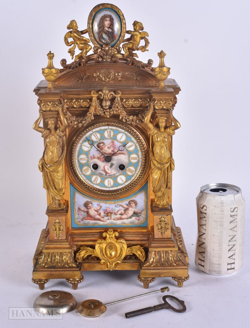 A FINE 19TH CENTURY FRENCH SEVRES PORCELAIN ORMOLU MANTEL CLOCK formed with beautifully painted pane (1 of 10)