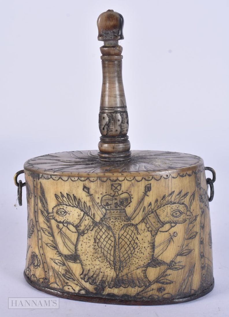 A RARE EARLY 19TH CENTURY CONTINENTAL CARVED SCRIMSHAW HORN POWDER/PRIMING FLASK engraved with boats: A RARE EARLY 19TH CENTURY CONTINENTAL CARVED SCRIMSHAW HORN POWDER/PRIMING FLASK engraved with boats and William Mason, the reverse depicting a crest. 15cm x 9 cm.