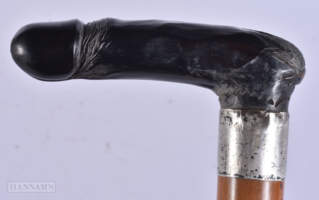 A RARE VICTORIAN CARVED EROTIC PHALLUS HORN WALKING CANE. 84 cm long.: A RARE VICTORIAN CARVED EROTIC PHALLUS HORN WALKING CANE. 84 cm long.