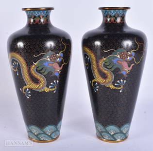 A PAIR OF 19TH CENTURY CHINESE CLOISONNE ENAMEL VASES decorated with dragons. 22 cm high.: A PAIR OF 19TH CENTURY CHINESE CLOISONNE ENAMEL VASES decorated with dragons. 22 cm high.