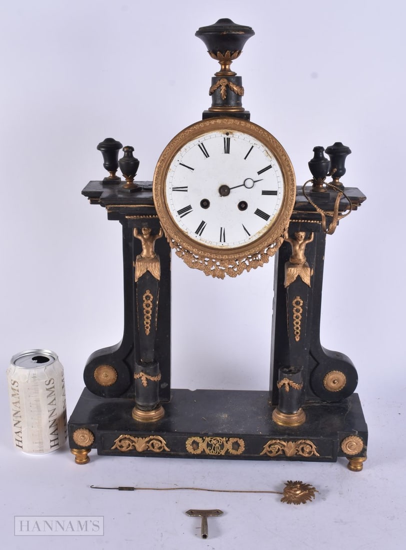 A LARGE EARLY 19TH CENTURY FRENCH EMPIRE SLATE CLOCK. 50 cm x 34 cm.: A LARGE EARLY 19TH CENTURY FRENCH EMPIRE SLATE CLOCK. 50 cm x 34 cm.