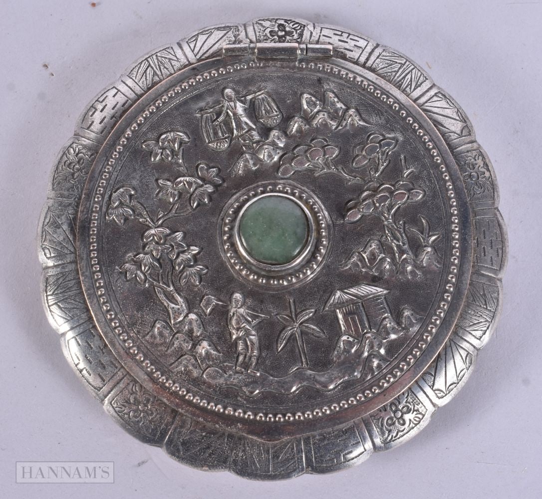 AN ANTIQUE INDIAN SILVER AND JADEITE COMPACT. 72 grams. 8 cm wide. (1 of 4)