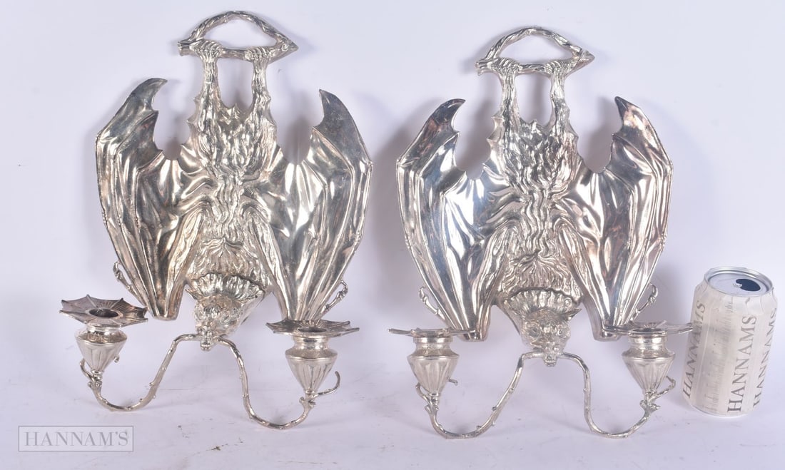 A PAIR OF SILVER PLATED BAT WALL SCONCES. 34 cm x 22 cm.: A PAIR OF SILVER PLATED BAT WALL SCONCES. 34 cm x 22 cm.