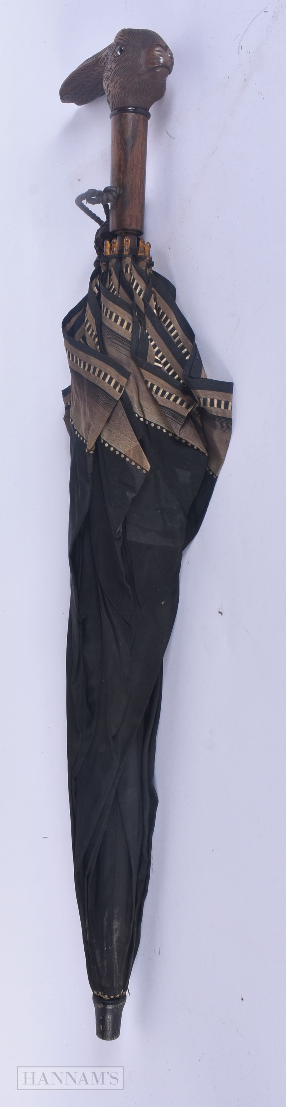 A LATE 19TH CENTURY BAVARIAN BLACK FOREST HARE HANDLED PARASOL. 65 cm long. (1 of 5)