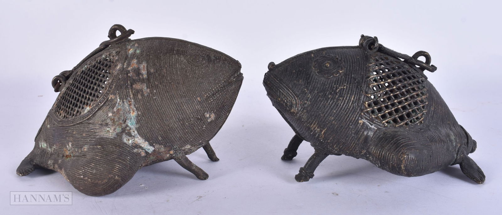 Two Antique South Asian Dhokra Art Bronze Incense Holder Frogs. 15cm wide. (2)
