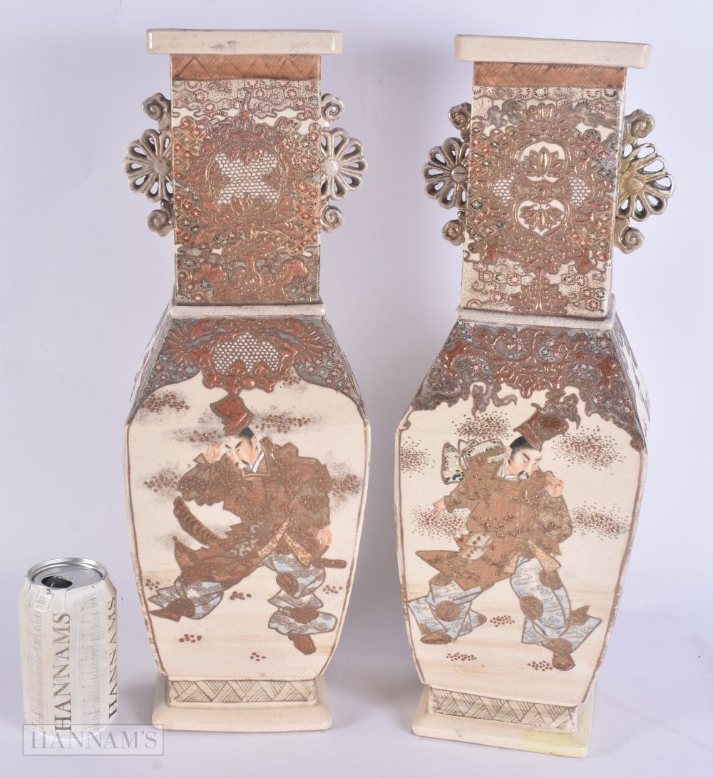 A LARGE PAIR OF 19TH CENTURY JAPANESE MEIJI PERIOD SATSUMA VASES of lozenge form. 48 cm high.: A LARGE PAIR OF 19TH CENTURY JAPANESE MEIJI PERIOD SATSUMA VASES of lozenge form. 48 cm high.