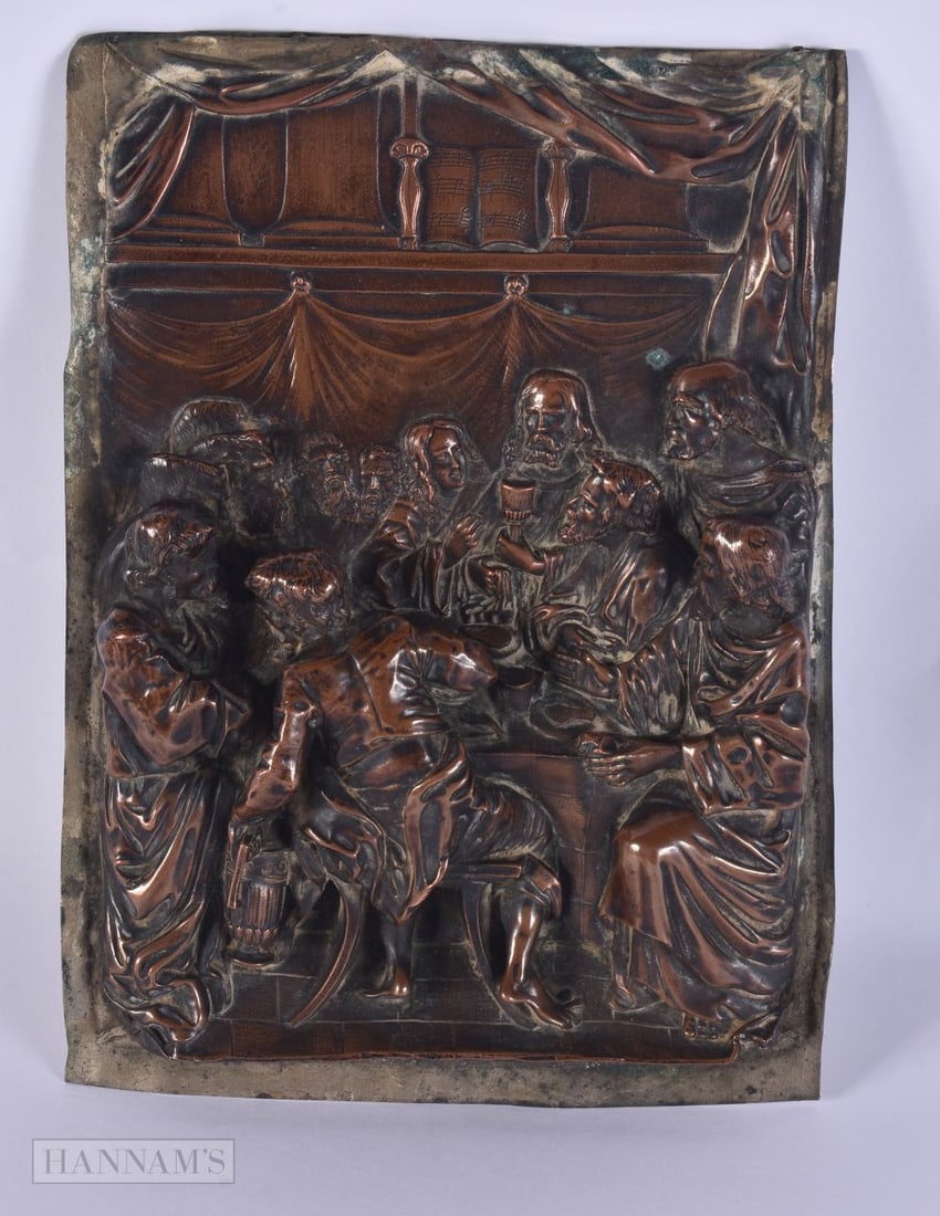 AN 18TH CENTURY CONTINENTAL COPPER REPOUSSE PANEL depicting figures within an interior. 23 cm x 15 c