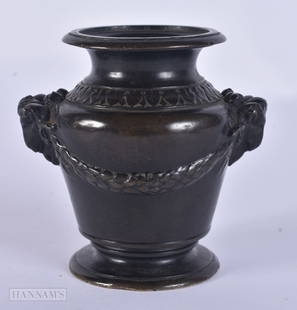 AN EARLY 19TH CENTURY REGENCY GRAND TOUR BRONZE MINIATURE VASE with rams mask heads. 8 cm x 7 cm.: AN EARLY 19TH CENTURY REGENCY GRAND TOUR BRONZE MINIATURE VASE with rams mask heads. 8 cm x 7 cm.