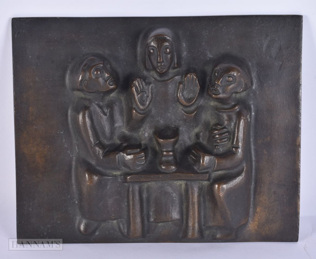 AN ART DECO FRENCH BRONZE RELIEF PLAQUE depicting three figures. 24 cm x 18 cm. (1 of 4)