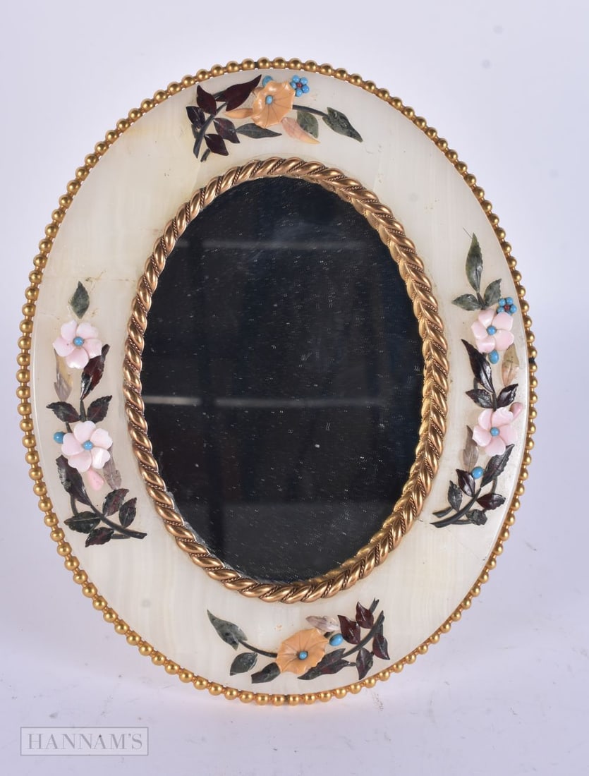 A LOVELY ANTIQUE BRONZE ONYX AND HARDSTONE MIRROR overlaid with flowers. 21 cm x 15 cm.: A LOVELY ANTIQUE BRONZE ONYX AND HARDSTONE MIRROR overlaid with flowers. 21 cm x 15 cm.